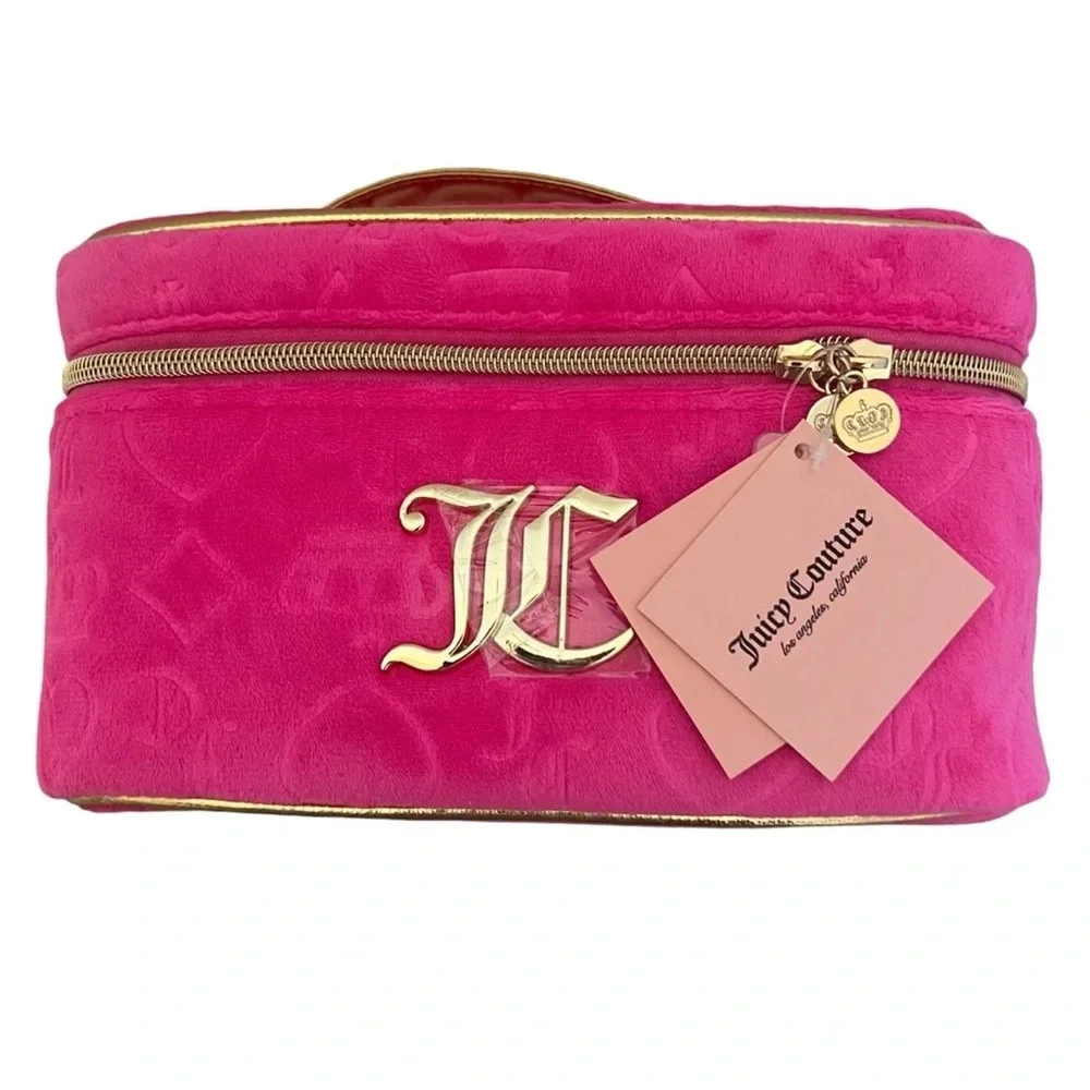 Juicy Couture Hot Pink Velour Train Case Makeup Bag Gold Logo New With Tags
